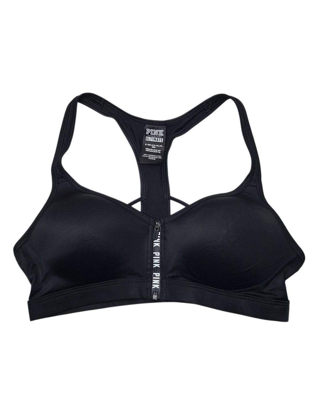 PINK Victoria's Secret Black Front-Zip Ultimate Push Up Sports Bra
